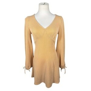 White Room + Cactus Tan Striped Ribbed Knit Strappy‎ Open Back Mini Dress Small